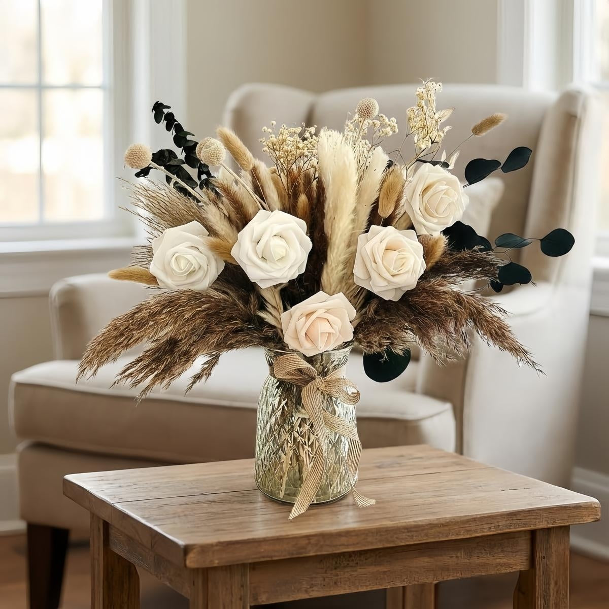 Natural Dried Pampas Grass Bouquet with Bunny Tail Flowers - Artificial Boho Wedding & Home Decor, Reed Grass Arrangement, Low Maintenance Dried Flower Centerpiece for Parties, Rustic Bohemian for - Display