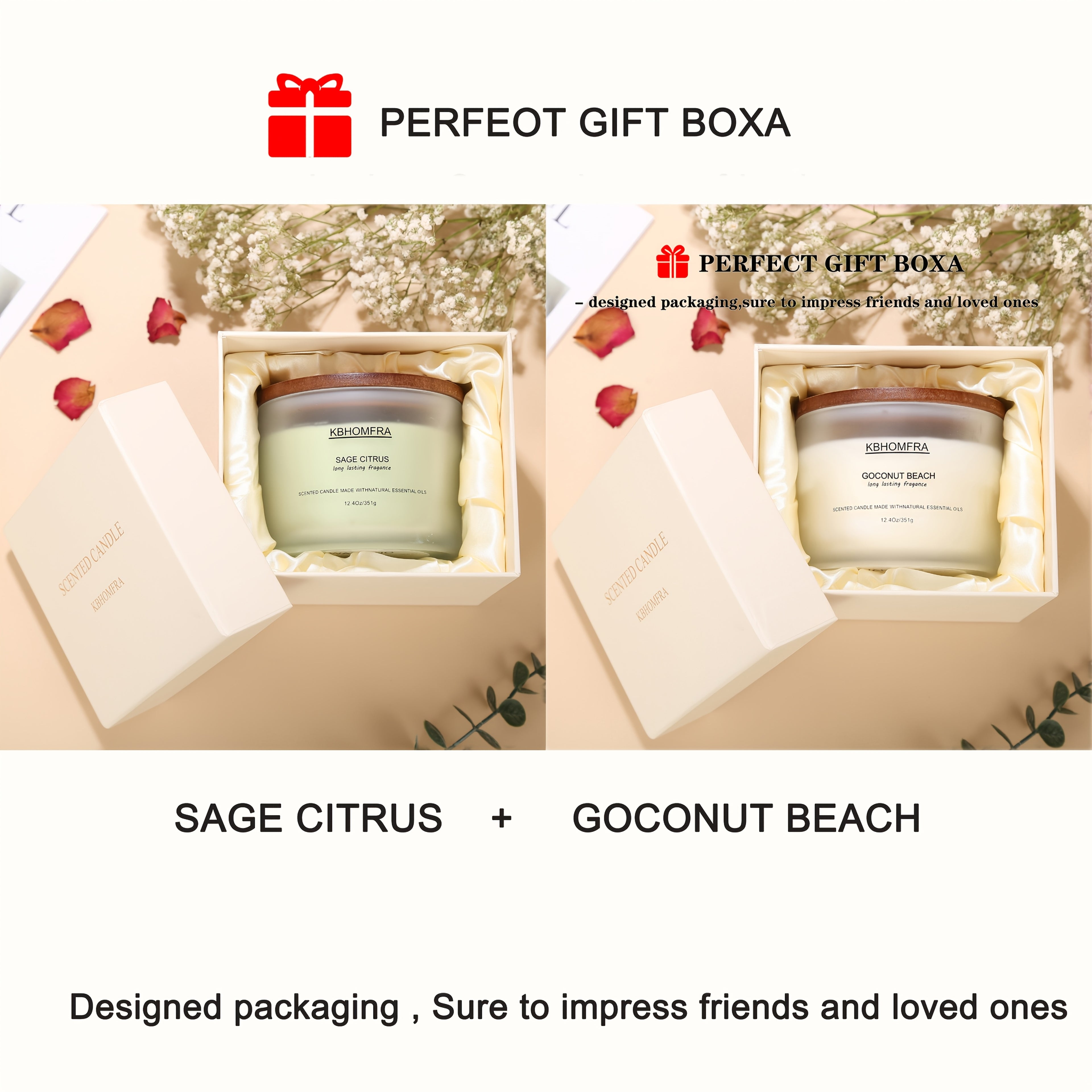 KBHOMFRA 2Pack Scented Candle for Home, Coconut Jasmine Lavender Essential Oils Fragrant, Soy Wax 12.4Oz Large Capacity, 3-Wick 70 Hours Burn, for Festival Luxury Gift, Sleep Relaxation Ambience