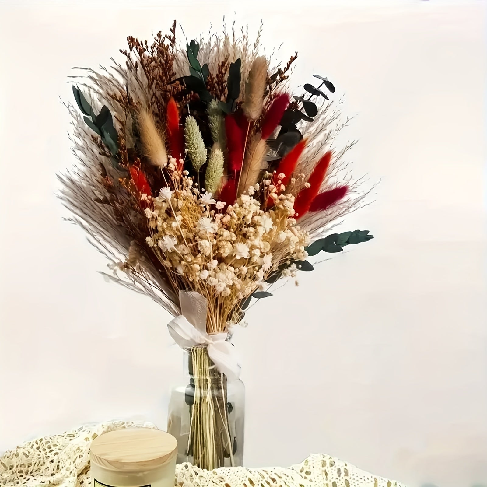 55pcs Bohemian Style Dried Flower Bouquet, Pampas Grass, Eucalyptus, and Rabbit Tail Dried Plants - Ideal for Wedding Table Decor, Bridal Bouquets, Valentine's Day, Fall, Halloween, Easter, and Thanksgiving
