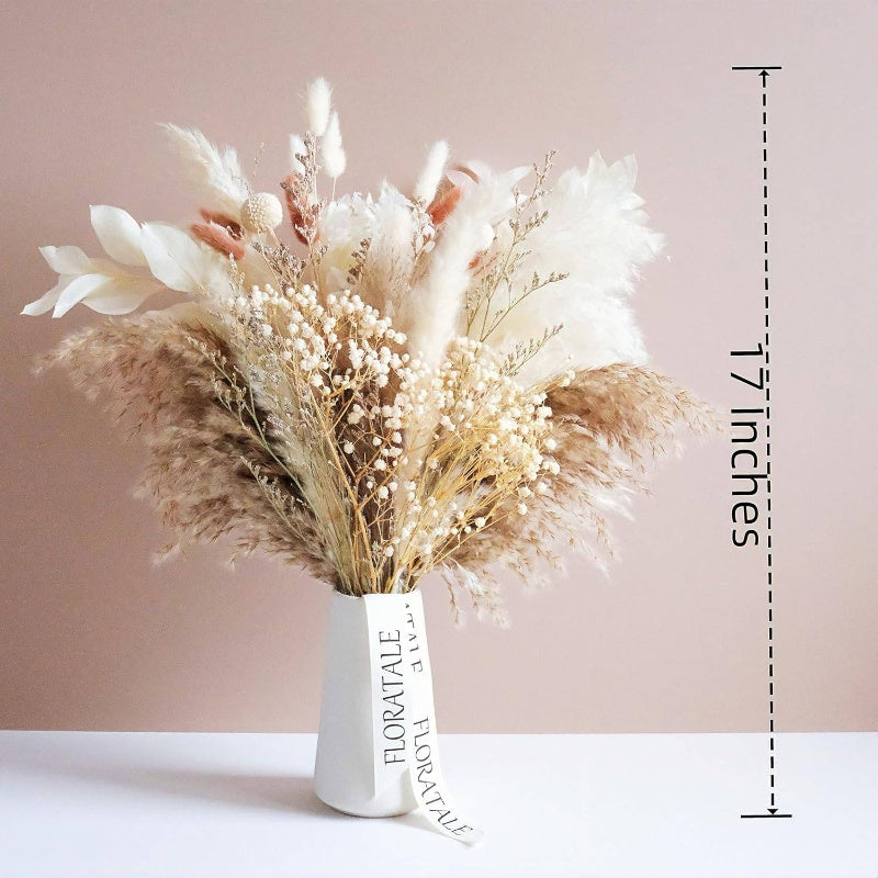 17'' Tall Dried Flower Bouquet - Natural & Brown Boho Floral Arrangement with Pampas Grass, Bunny Tails & ' Breath - Rustic Wedding Centerpiece, Home Decor in, Golden & Brown Tones - Low Maintenance Dried Flowers for Vase or No Vase Display
