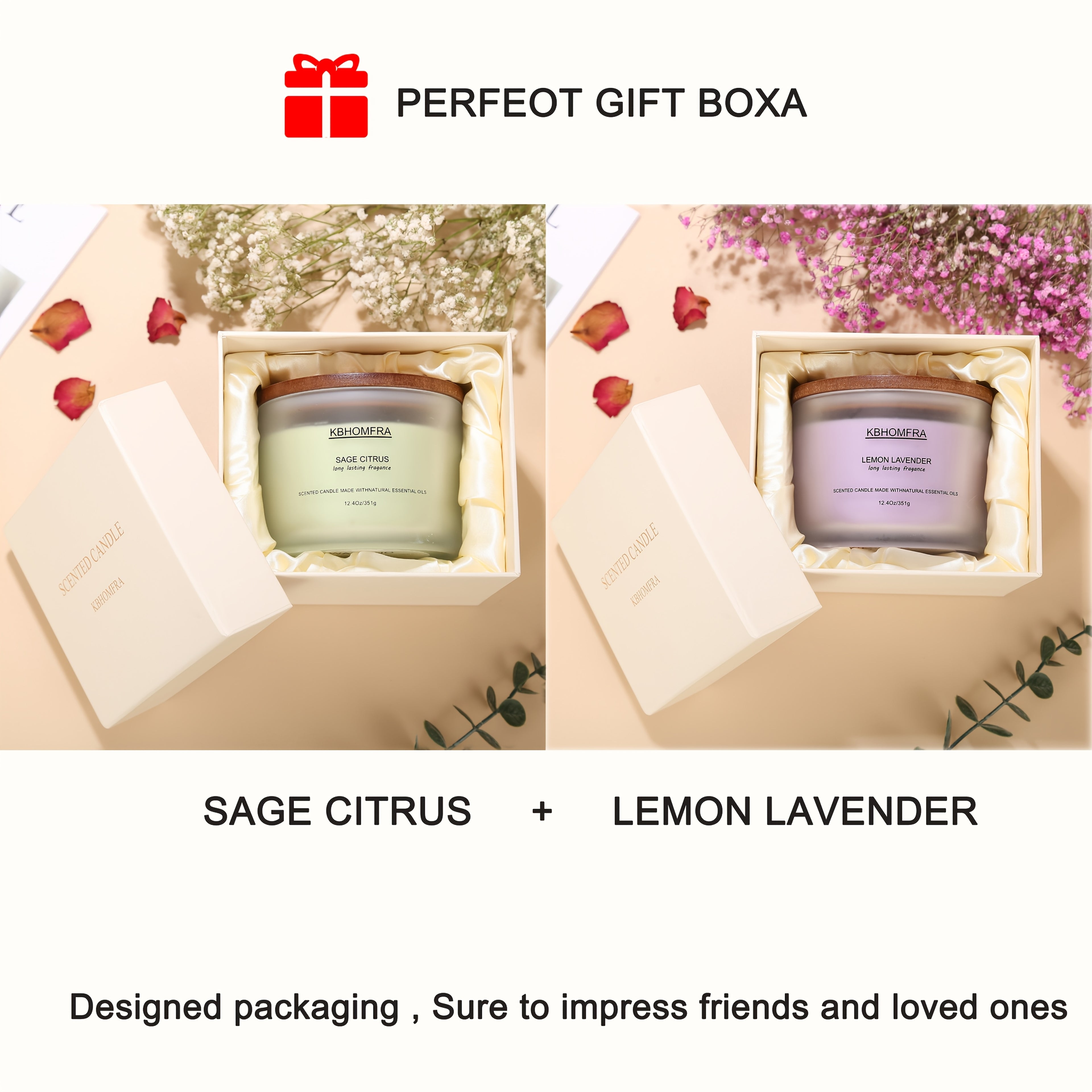 KBHOMFRA 2Pack Scented Candle for Home, Coconut Jasmine Lavender Essential Oils Fragrant, Soy Wax 12.4Oz Large Capacity, 3-Wick 70 Hours Burn, for Festival Luxury Gift, Sleep Relaxation Ambience