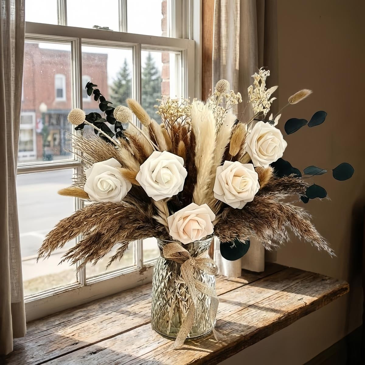 Natural Dried Pampas Grass Bouquet with Bunny Tail Flowers - Artificial Boho Wedding & Home Decor, Reed Grass Arrangement, Low Maintenance Dried Flower Centerpiece for Parties, Rustic Bohemian for - Display