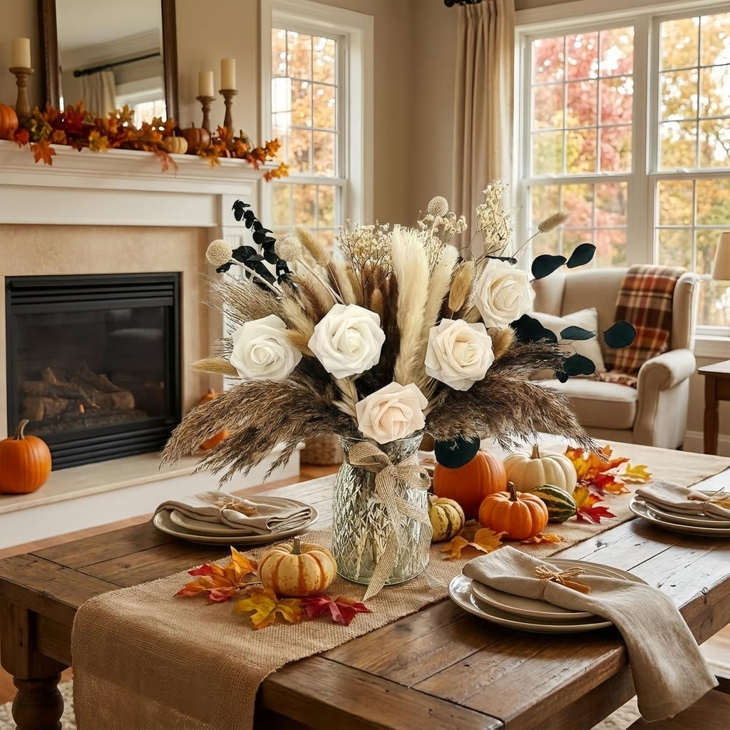 Natural Dried Pampas Grass Bouquet with Bunny Tail Flowers - Artificial Boho Wedding & Home Decor, Reed Grass Arrangement, Low Maintenance Dried Flower Centerpiece for Parties, Rustic Bohemian for - Display