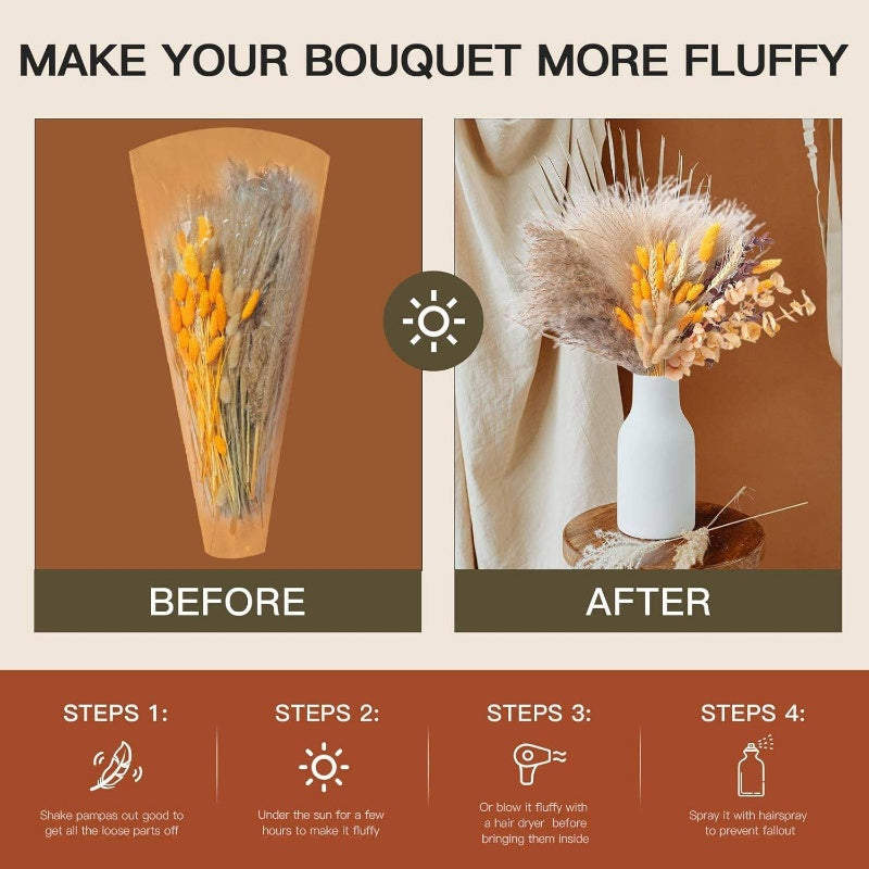 Autumn Home Decorations - Bohemian Style Flowers with Orange Pampas Grass, Fluffy Dried Flower Arrangement, Dry Pampas 1795 - 2 Pack of Pompous Flowers
