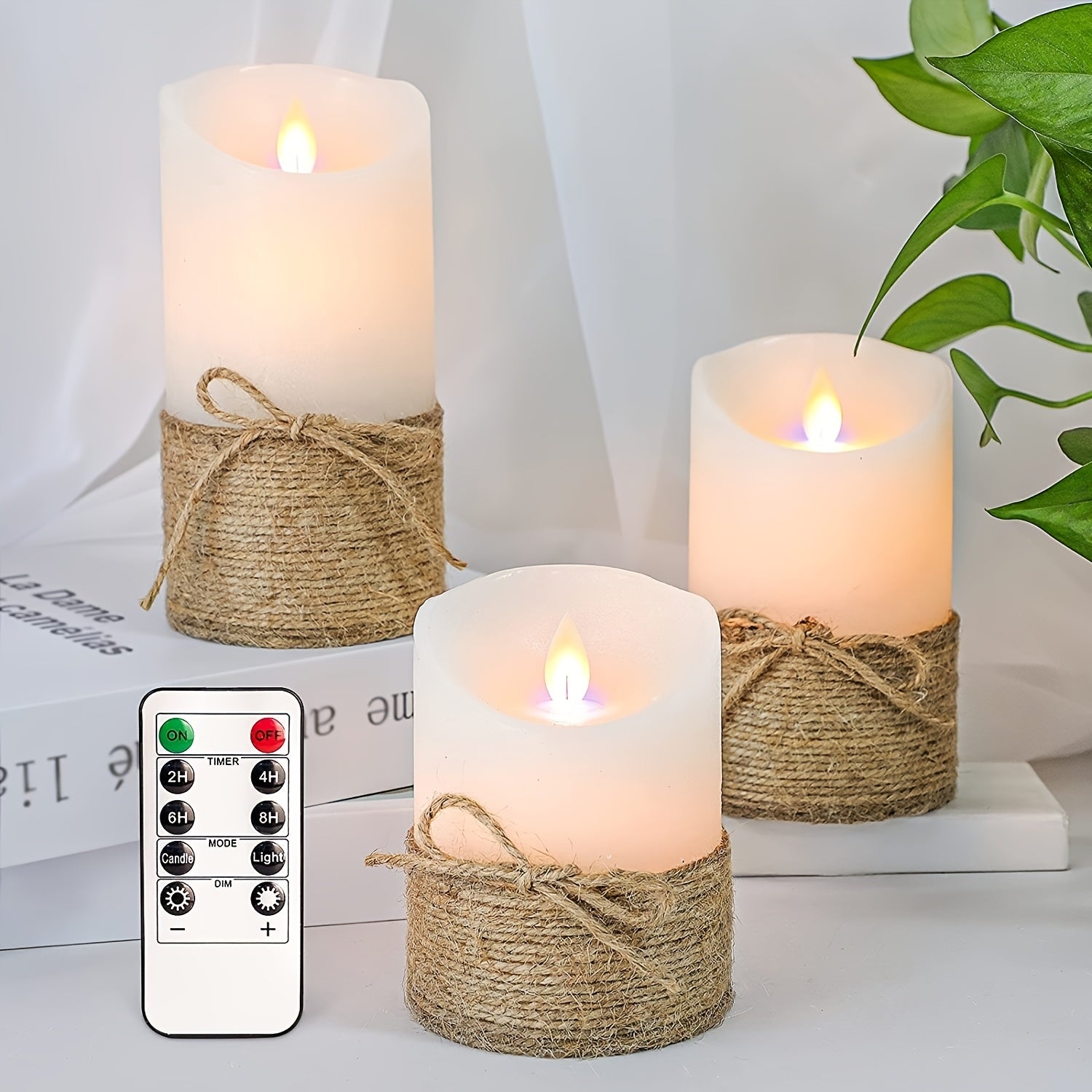 Flickering LED Pillar Candles, Battery Operated, Hand Tied Jute Rope, Set Of 3, No Flame, with Remote And Timer, for Ocean Theme Decor, Exhibition Hall Decoration, Home Bedroom Decor