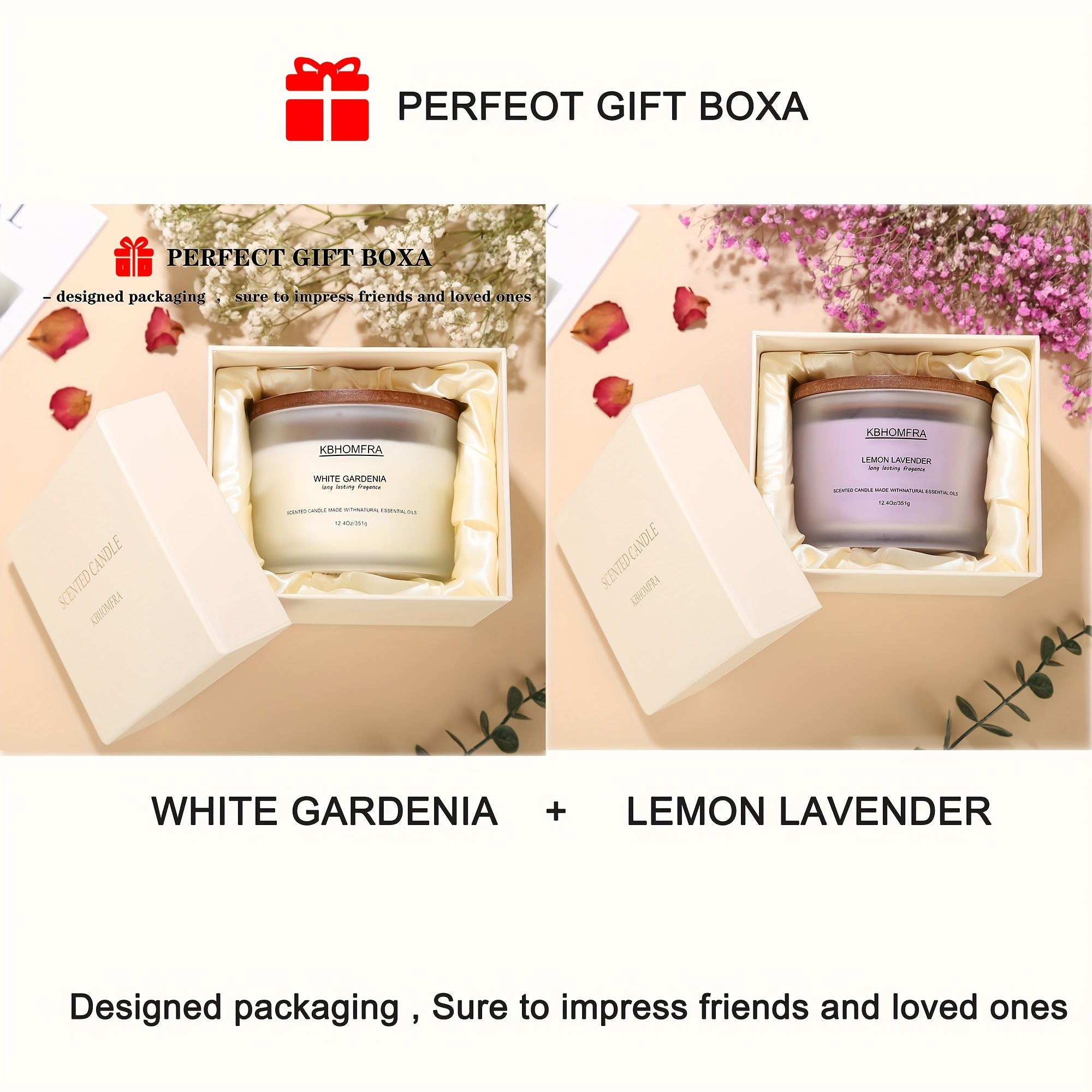 KBHOMFRA 2Pack Scented Candle for Home, Coconut Jasmine Lavender Essential Oils Fragrant, Soy Wax 12.4Oz Large Capacity, 3-Wick 70 Hours Burn, for Festival Luxury Gift, Sleep Relaxation Ambience