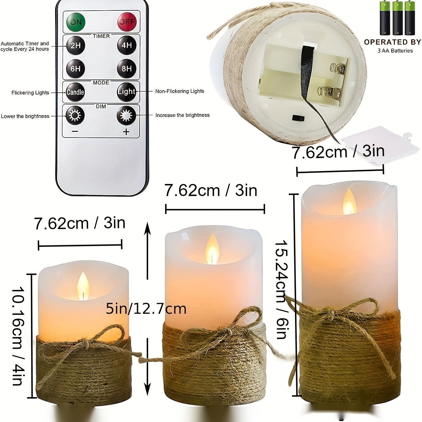 Flickering LED Pillar Candles, Battery Operated, Hand Tied Jute Rope, Set Of 3, No Flame, with Remote And Timer, for Ocean Theme Decor, Exhibition Hall Decoration, Home Bedroom Decor
