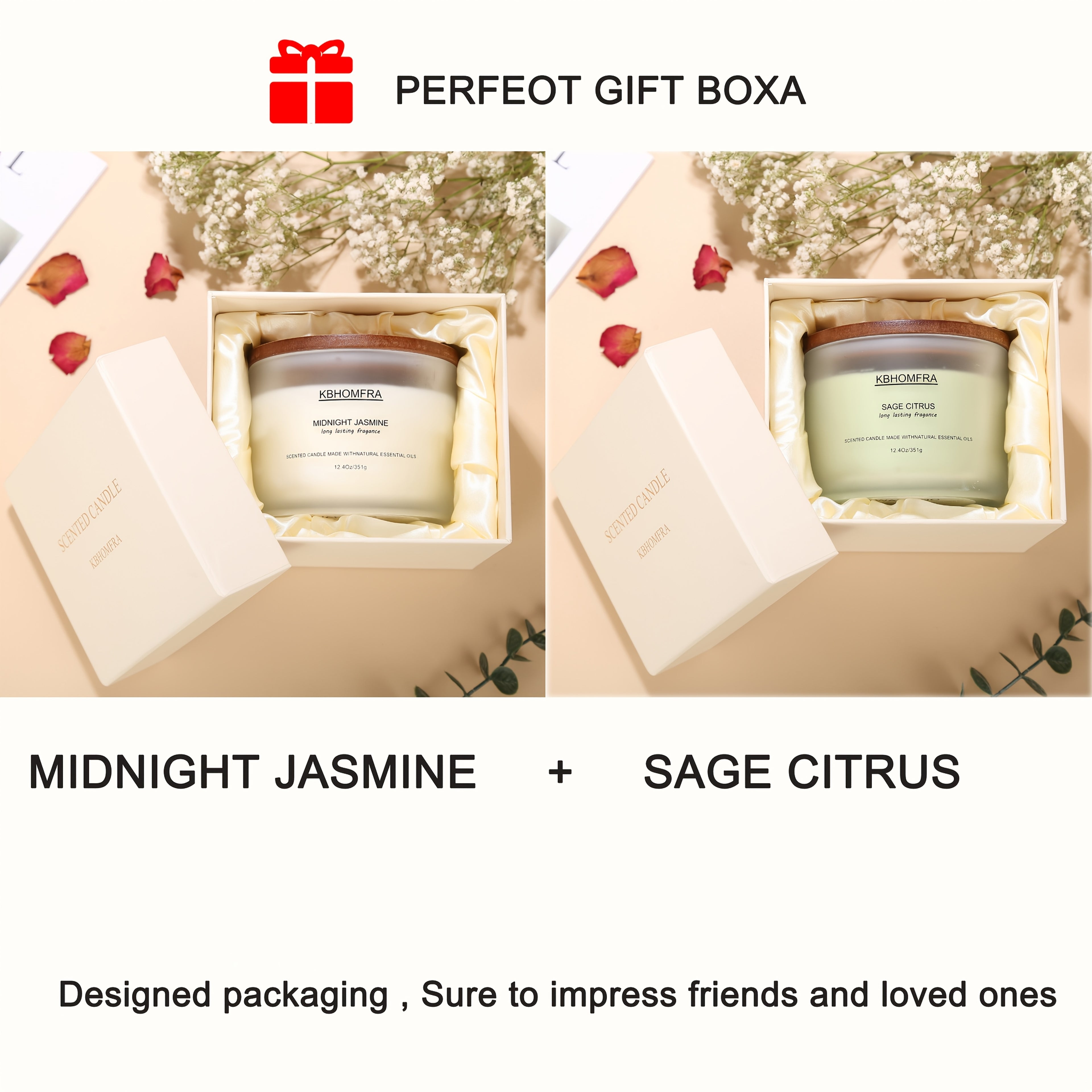 KBHOMFRA 2Pack Scented Candle for Home, Coconut Jasmine Lavender Essential Oils Fragrant, Soy Wax 12.4Oz Large Capacity, 3-Wick 70 Hours Burn, for Festival Luxury Gift, Sleep Relaxation Ambience