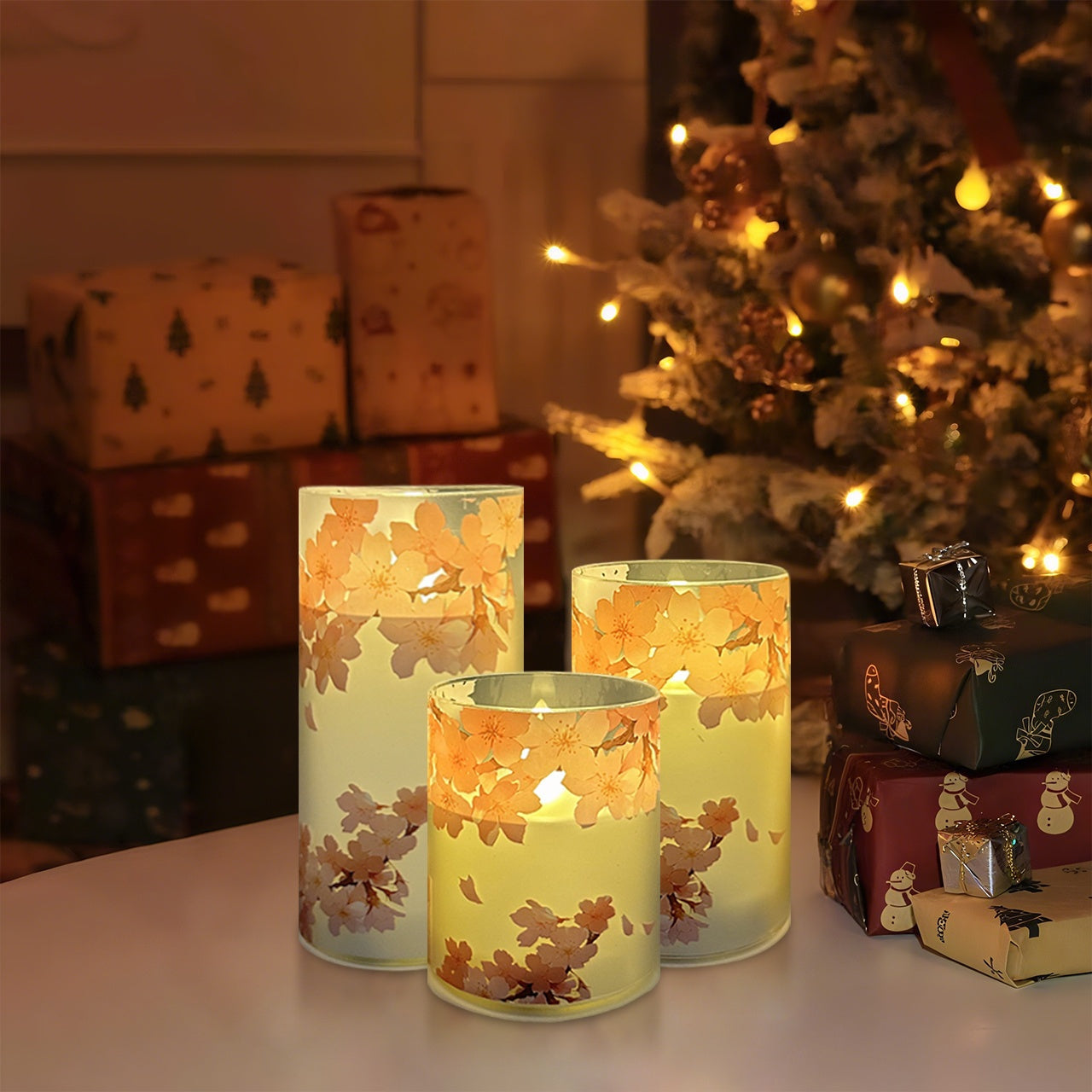 3 Packs of Cherry Blossom LED Flameless Column Candles with Remote Control, Battery Powered, Timer, 3×4\u002F5\u002F6 Inch House Room Decoration