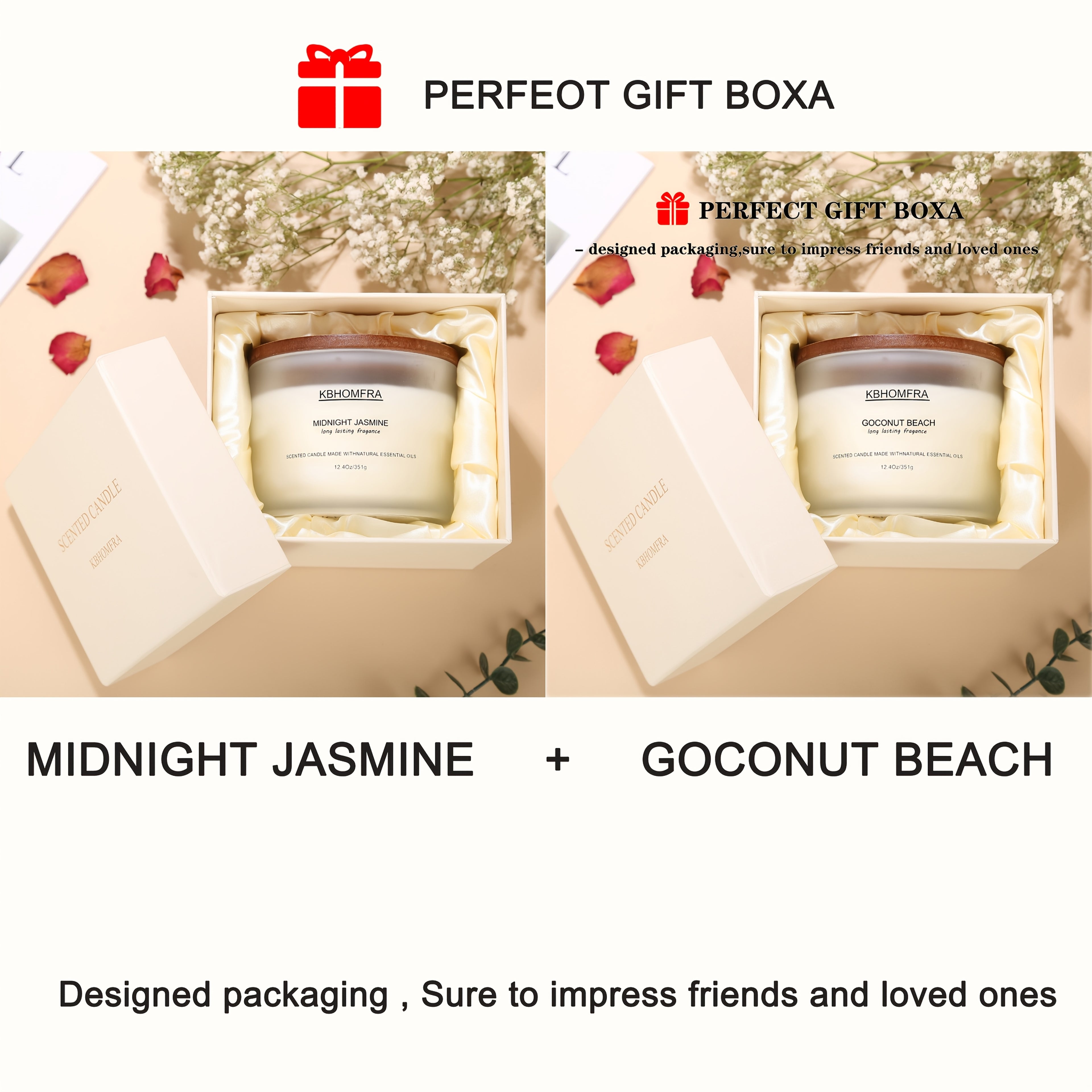 KBHOMFRA 2Pack Scented Candle for Home, Coconut Jasmine Lavender Essential Oils Fragrant, Soy Wax 12.4Oz Large Capacity, 3-Wick 70 Hours Burn, for Festival Luxury Gift, Sleep Relaxation Ambience