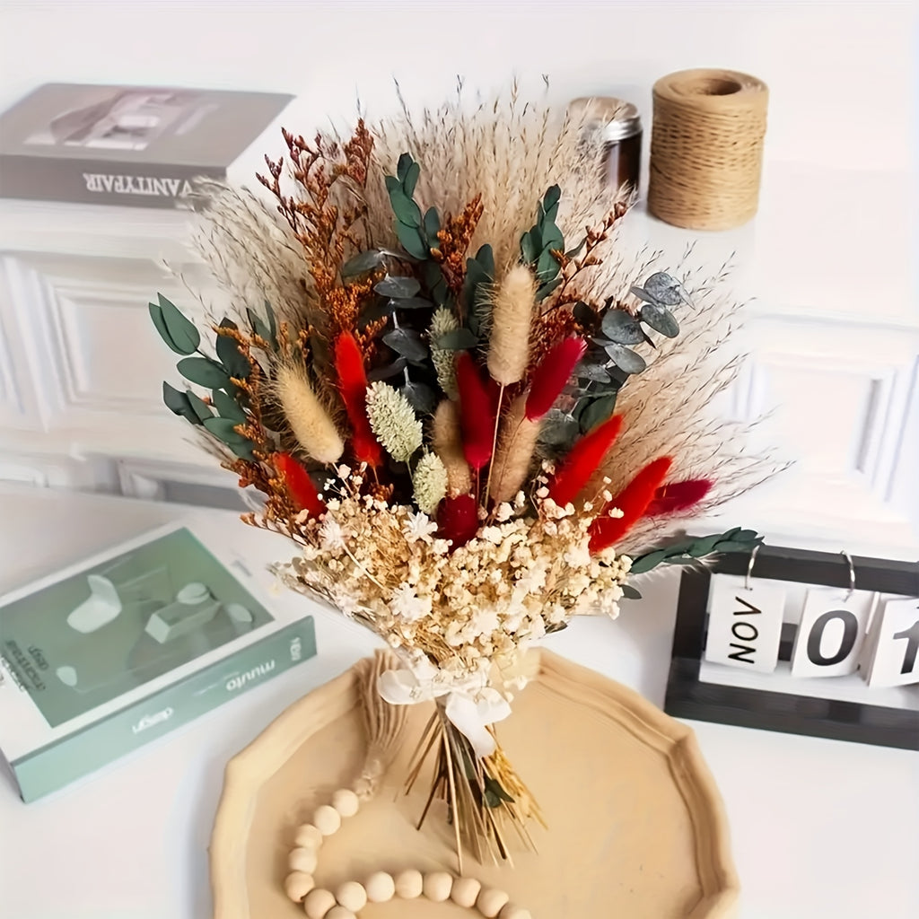 55pcs Bohemian Style Dried Flower Bouquet, Pampas Grass, Eucalyptus, and Rabbit Tail Dried Plants - Ideal for Wedding Table Decor, Bridal Bouquets, Valentine's Day, Fall, Halloween, Easter, and Thanksgiving