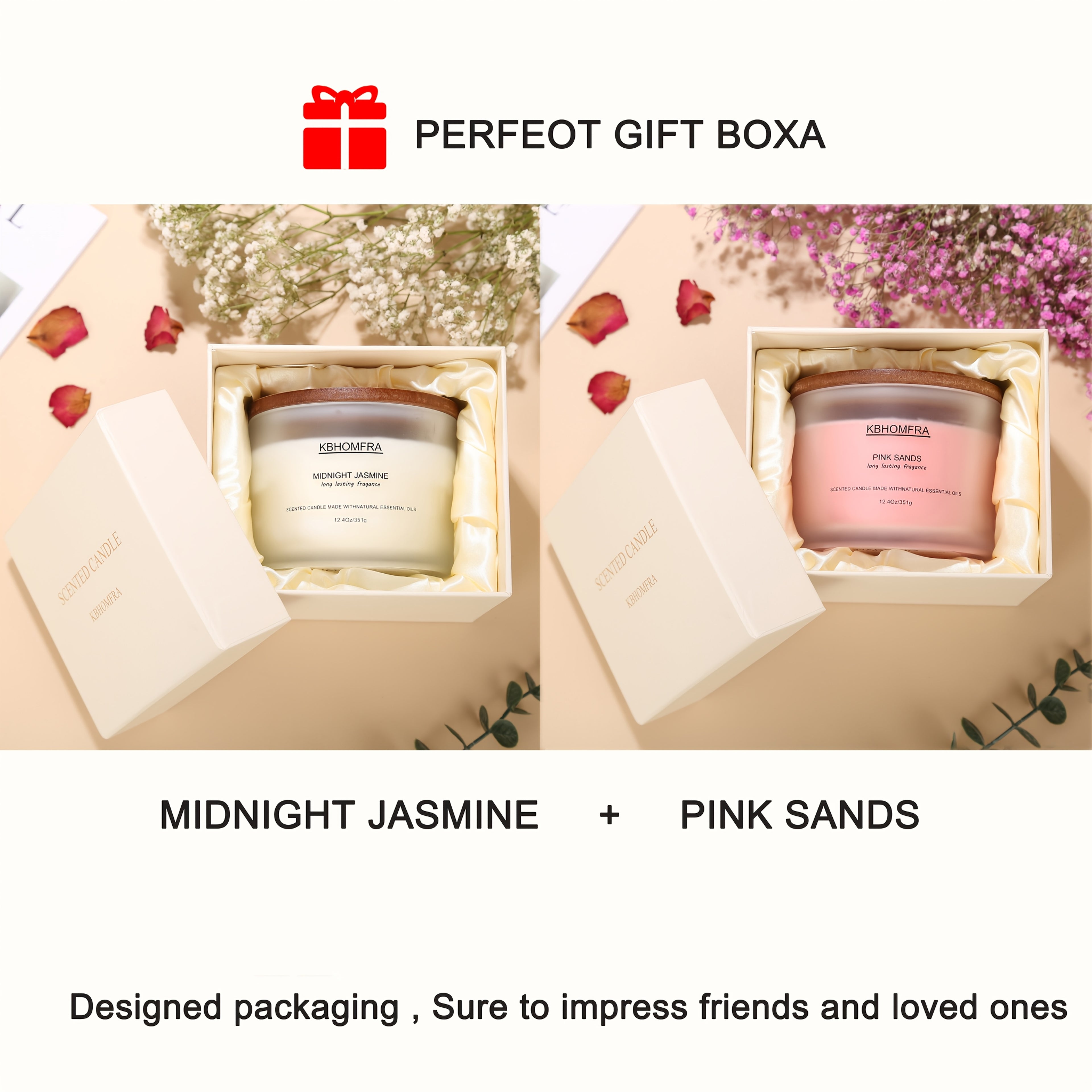 KBHOMFRA 2Pack Scented Candle for Home, Coconut Jasmine Lavender Essential Oils Fragrant, Soy Wax 12.4Oz Large Capacity, 3-Wick 70 Hours Burn, for Festival Luxury Gift, Sleep Relaxation Ambience