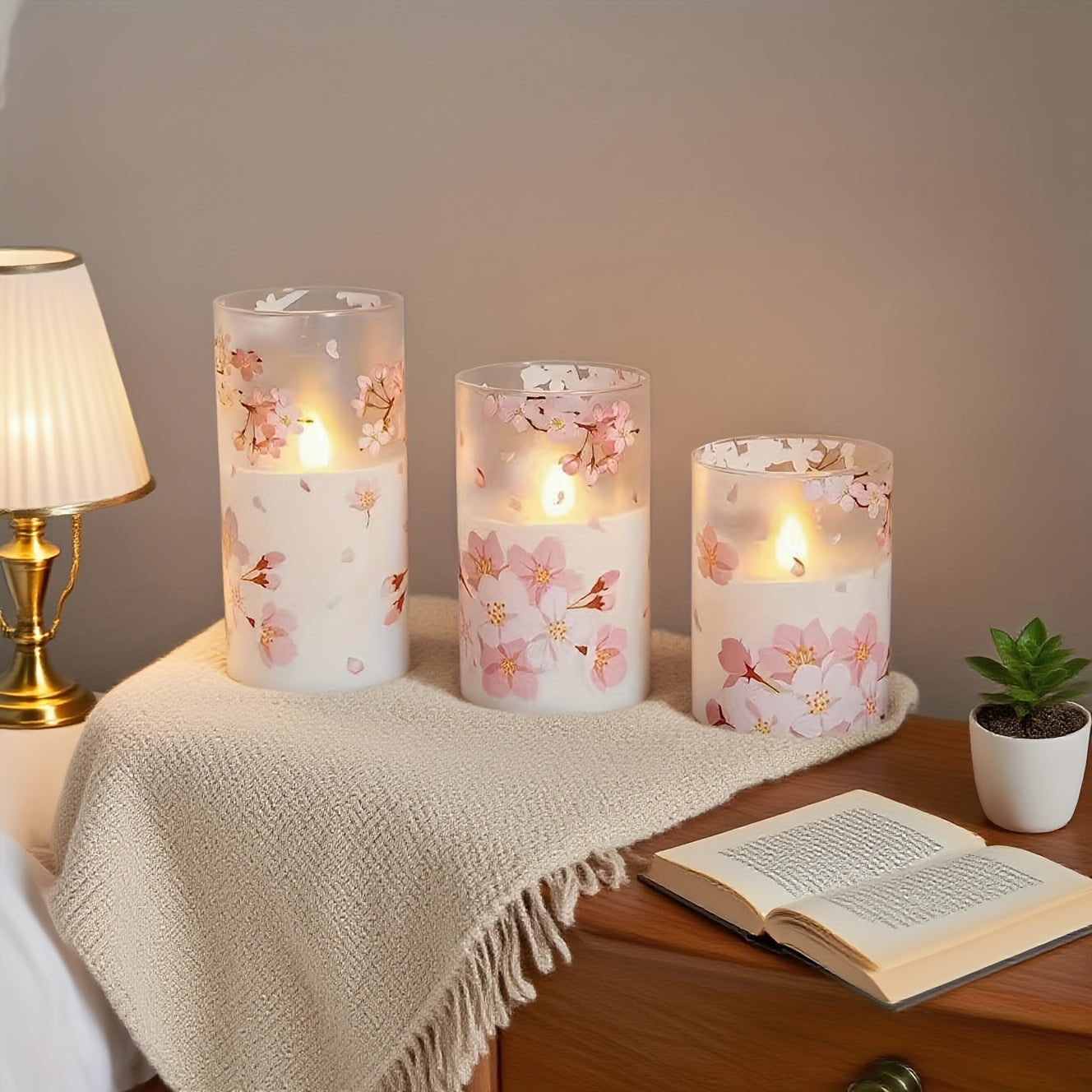3 Packs of Cherry Blossom LED Flameless Column Candles with Remote Control, Battery Powered, Timer, 3×4\u002F5\u002F6 Inch House Room Decoration