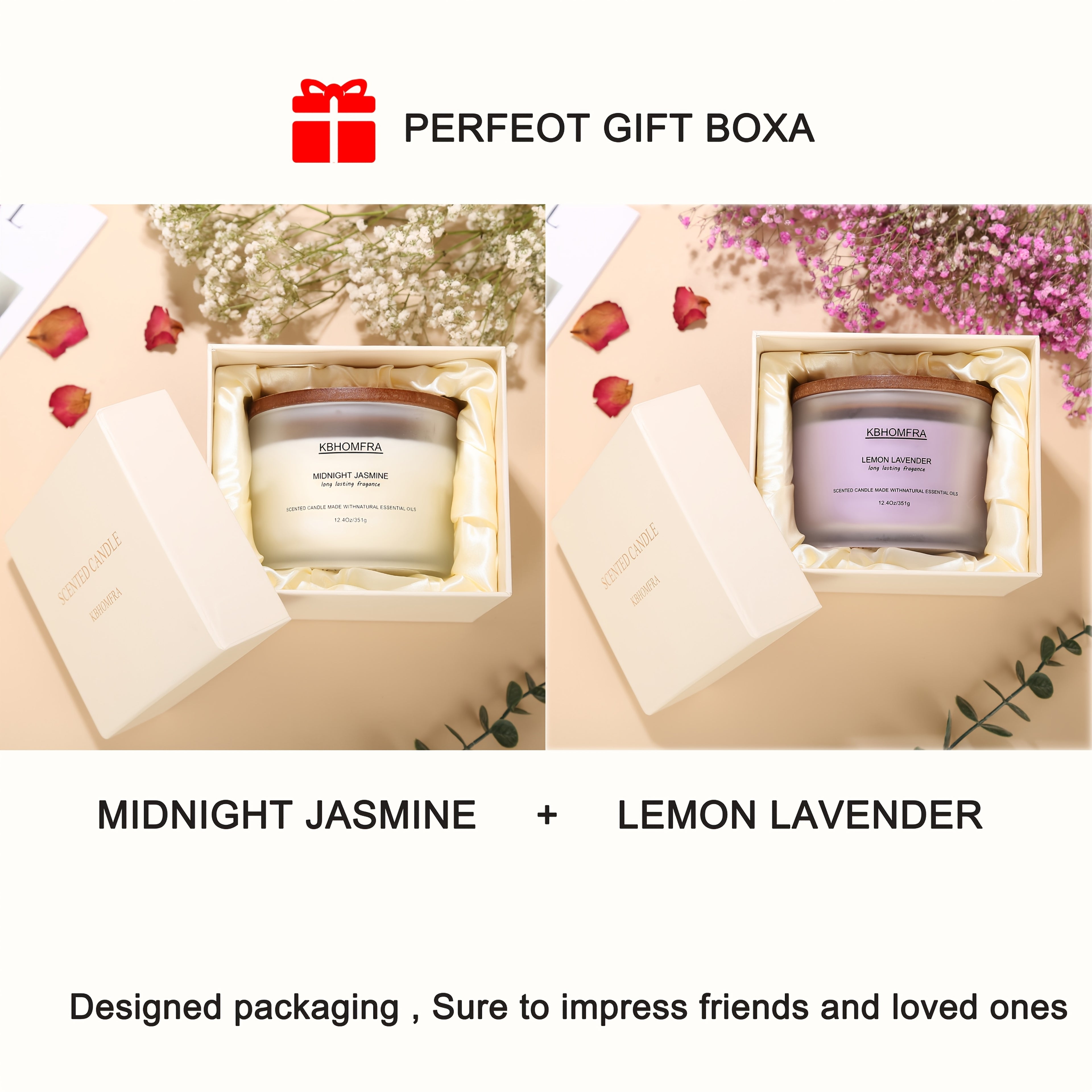 KBHOMFRA 2Pack Scented Candle for Home, Coconut Jasmine Lavender Essential Oils Fragrant, Soy Wax 12.4Oz Large Capacity, 3-Wick 70 Hours Burn, for Festival Luxury Gift, Sleep Relaxation Ambience