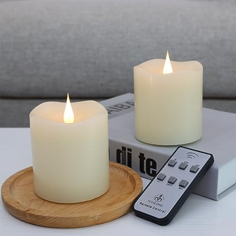 Set of 2 Battery-Operated Flameless Candles with a Remote Timer, Featuring a 3D Moving Flame That Flickers And Lasts Over 600 Hours. Each Candle Measures 3\