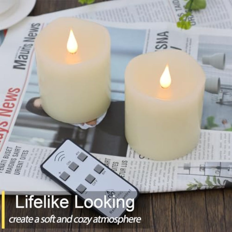 Set of 2 Battery-Operated Flameless Candles with a Remote Timer, Featuring a 3D Moving Flame That Flickers And Lasts Over 600 Hours. Each Candle Measures 3\