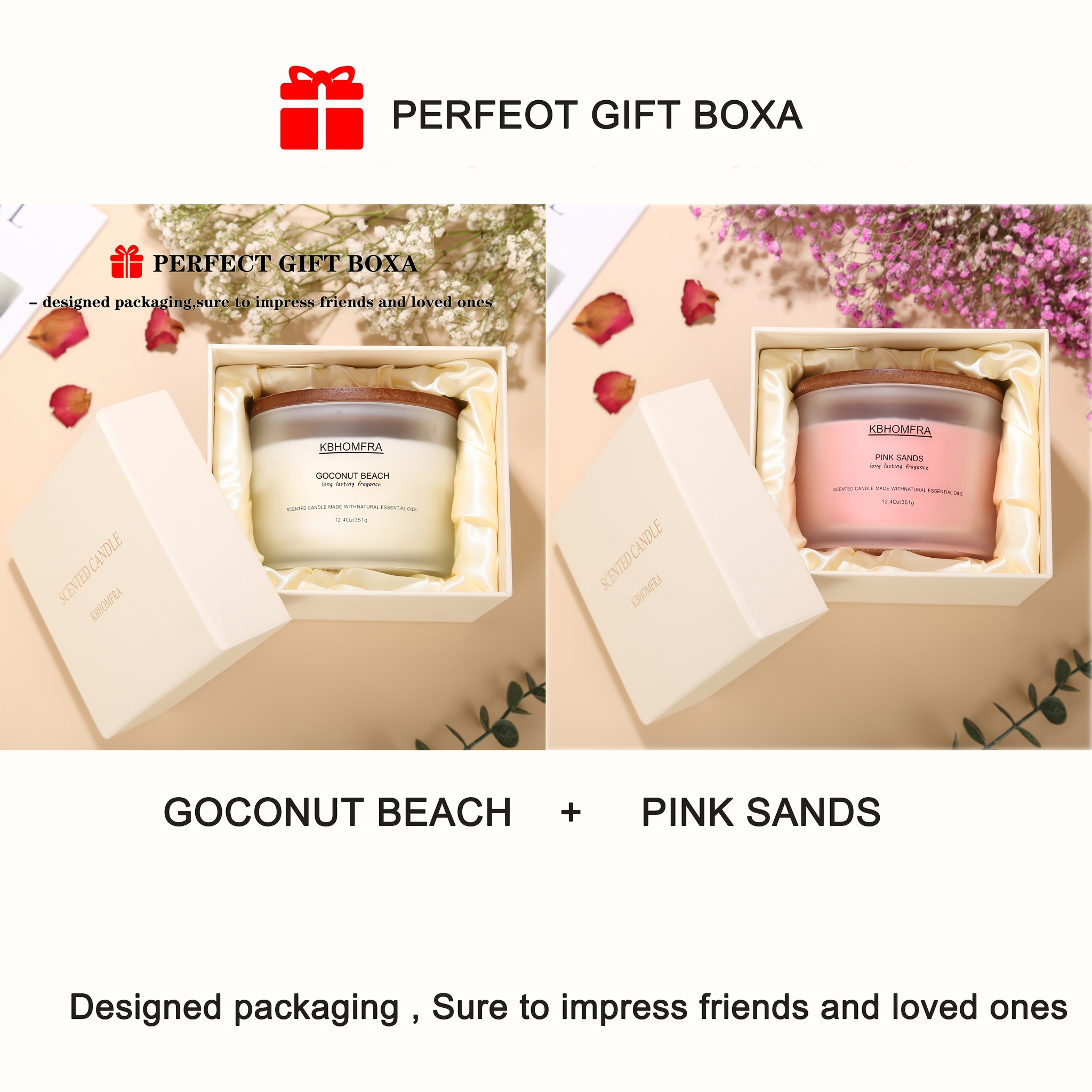 KBHOMFRA 2Pack Scented Candle for Home, Coconut Jasmine Lavender Essential Oils Fragrant, Soy Wax 12.4Oz Large Capacity, 3-Wick 70 Hours Burn, for Festival Luxury Gift, Sleep Relaxation Ambience