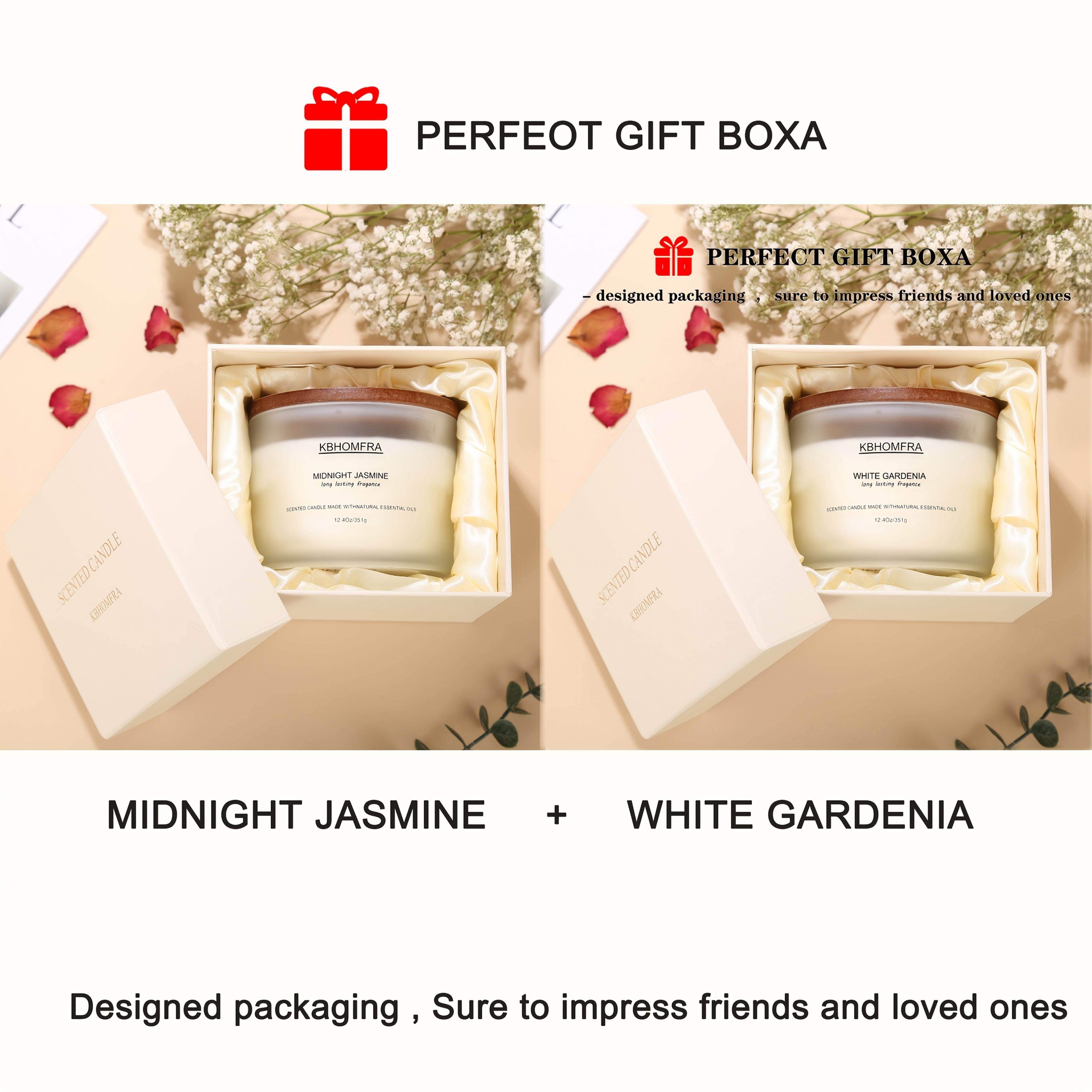 KBHOMFRA 2Pack Scented Candle for Home, Coconut Jasmine Lavender Essential Oils Fragrant, Soy Wax 12.4Oz Large Capacity, 3-Wick 70 Hours Burn, for Festival Luxury Gift, Sleep Relaxation Ambience