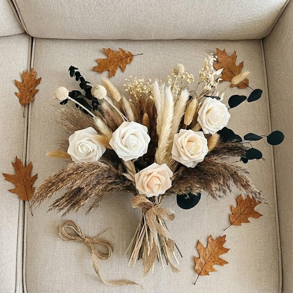 Natural Dried Pampas Grass Bouquet with Bunny Tail Flowers - Artificial Boho Wedding & Home Decor, Reed Grass Arrangement, Low Maintenance Dried Flower Centerpiece for Parties, Rustic Bohemian for - Display