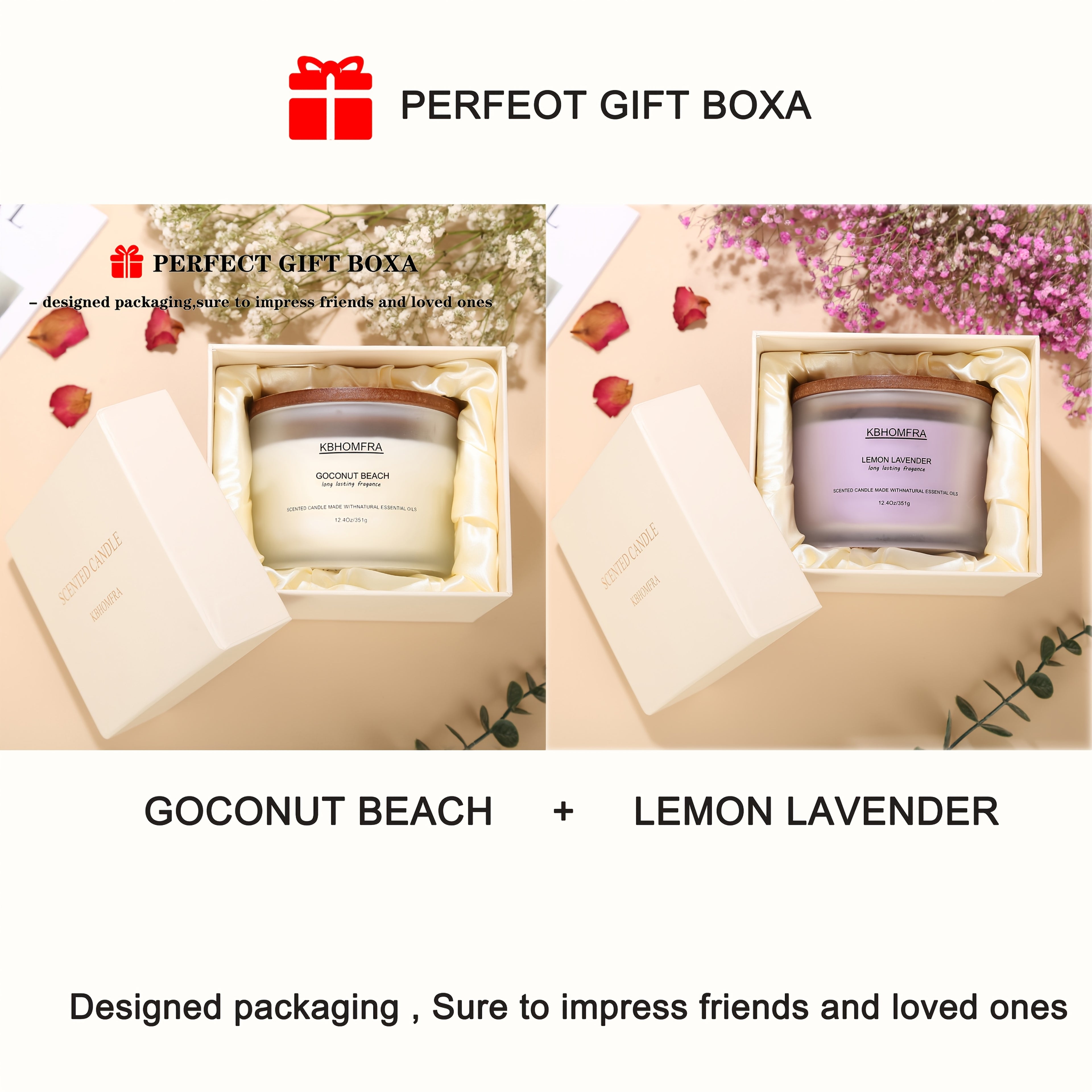 KBHOMFRA 2Pack Scented Candle for Home, Coconut Jasmine Lavender Essential Oils Fragrant, Soy Wax 12.4Oz Large Capacity, 3-Wick 70 Hours Burn, for Festival Luxury Gift, Sleep Relaxation Ambience