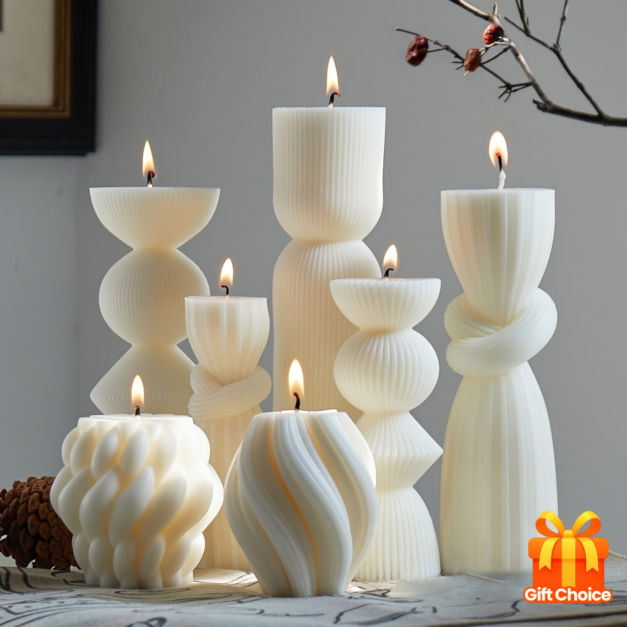 7-Pack Large Ribbed Pillar Candles - Soy Wax Handmade Home Decor Candles For Housewarming Gift, Shelf Decor, Wedding, Dining Table Centerpiece