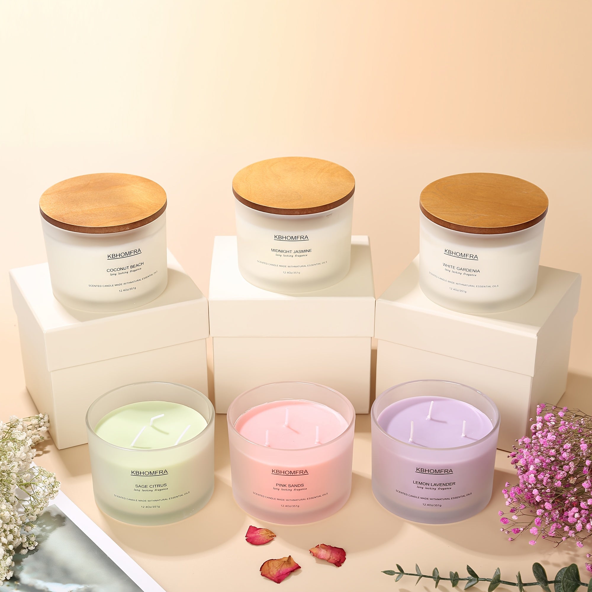 KBHOMFRA 2Pack Scented Candle for Home, Coconut Jasmine Lavender Essential Oils Fragrant, Soy Wax 12.4Oz Large Capacity, 3-Wick 70 Hours Burn, for Festival Luxury Gift, Sleep Relaxation Ambience