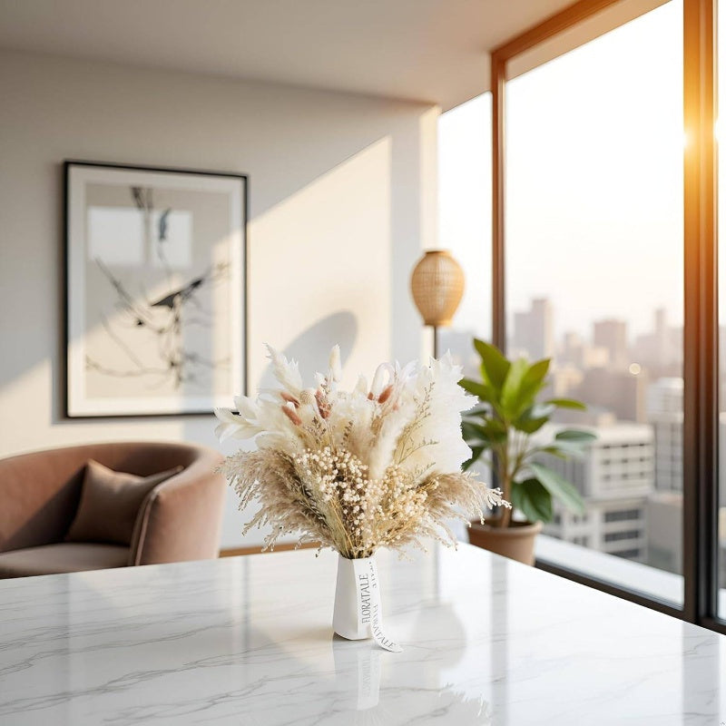 17'' Tall Dried Flower Bouquet - Natural & Brown Boho Floral Arrangement with Pampas Grass, Bunny Tails & ' Breath - Rustic Wedding Centerpiece, Home Decor in, Golden & Brown Tones - Low Maintenance Dried Flowers for Vase or No Vase Display