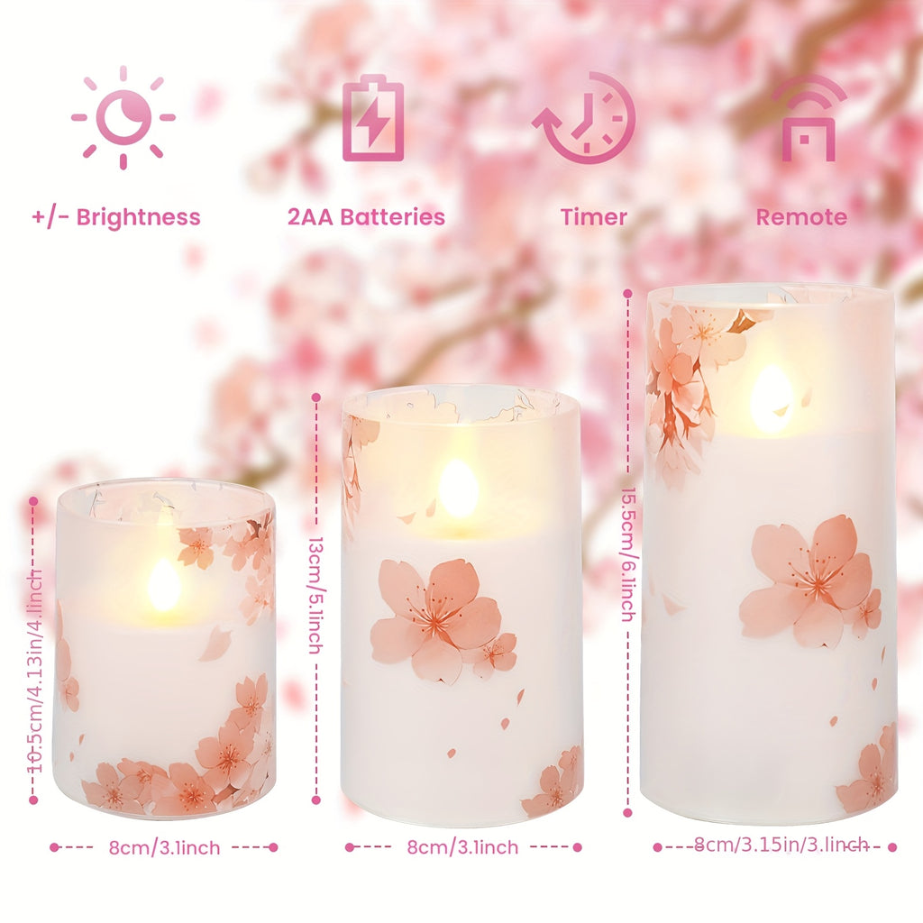 3 Packs of Cherry Blossom LED Flameless Column Candles with Remote Control, Battery Powered, Timer, 3×4\u002F5\u002F6 Inch House Room Decoration