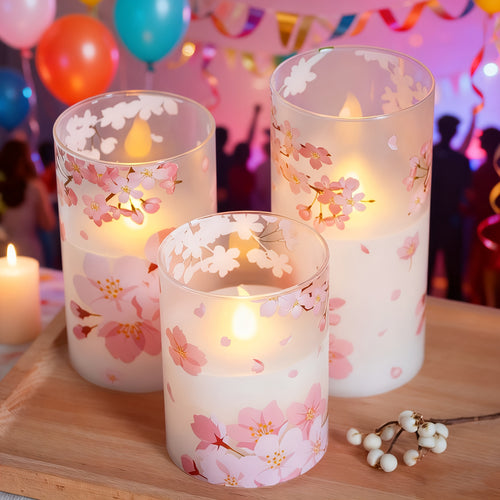 3 Packs of Cherry Blossom LED Flameless Column Candles with Remote Control, Battery Powered, Timer, 3×4\u002F5\u002F6 Inch House Room Decoration