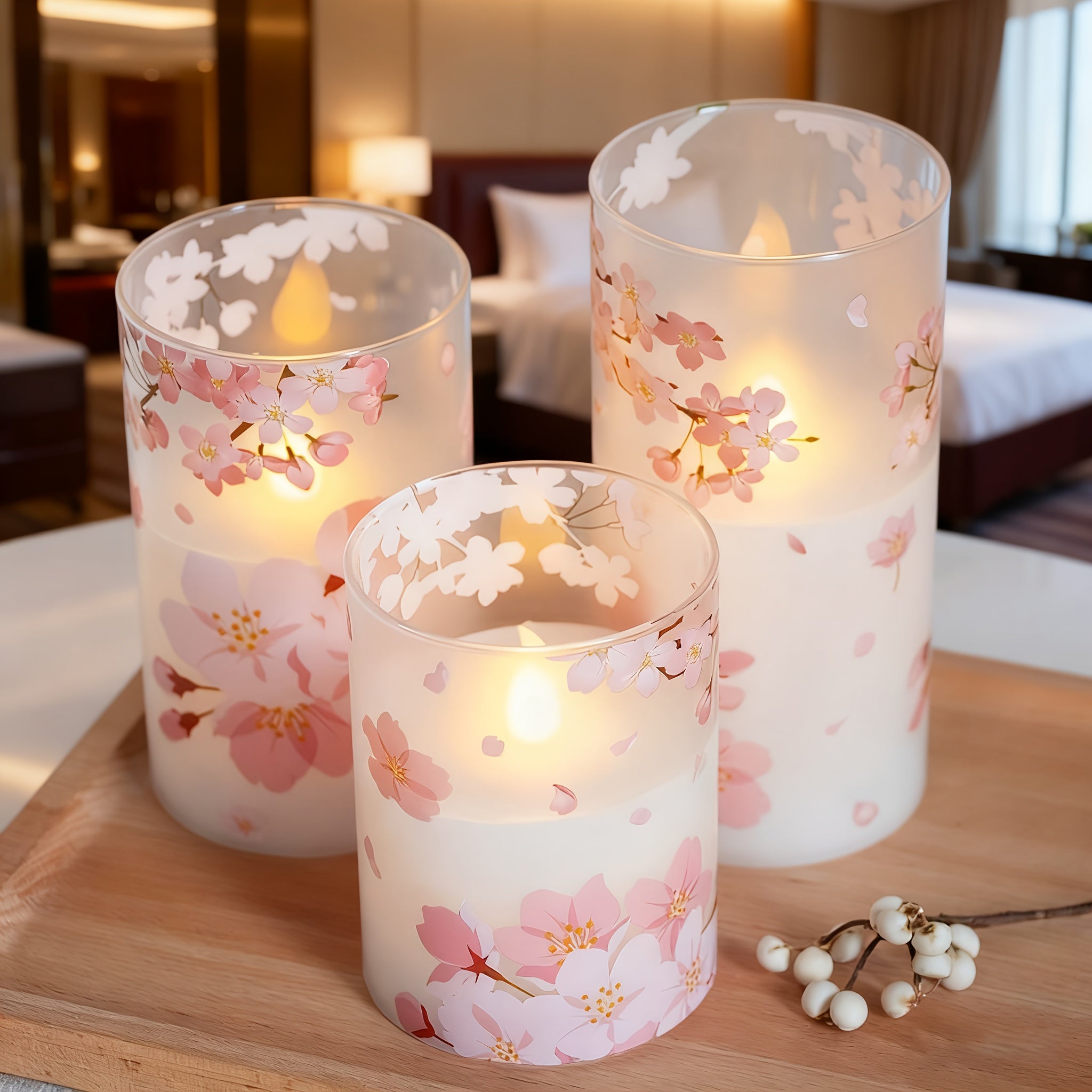 3 Packs of Cherry Blossom LED Flameless Column Candles with Remote Control, Battery Powered, Timer, 3×4\u002F5\u002F6 Inch House Room Decoration