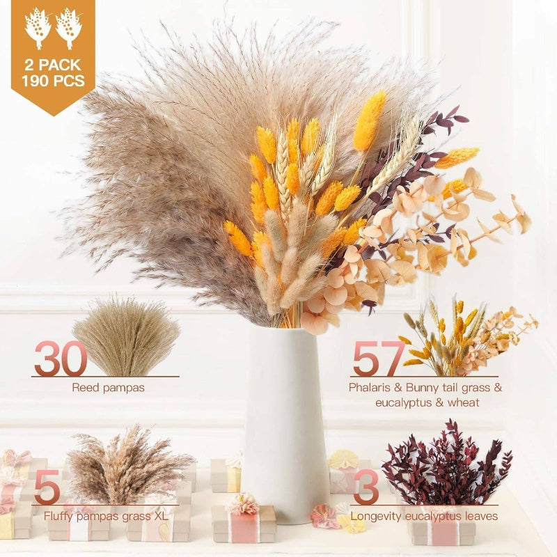 Autumn Home Decorations - Bohemian Style Flowers with Orange Pampas Grass, Fluffy Dried Flower Arrangement, Dry Pampas 1795 - 2 Pack of Pompous Flowers