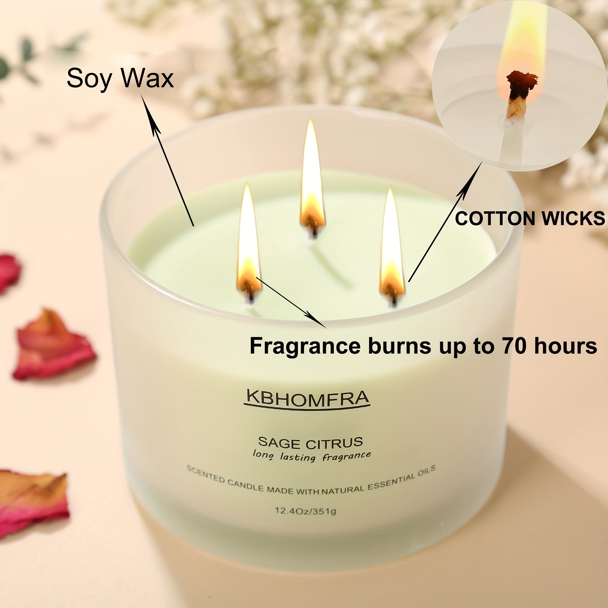 KBHOMFRA 2Pack Scented Candle for Home, Coconut Jasmine Lavender Essential Oils Fragrant, Soy Wax 12.4Oz Large Capacity, 3-Wick 70 Hours Burn, for Festival Luxury Gift, Sleep Relaxation Ambience