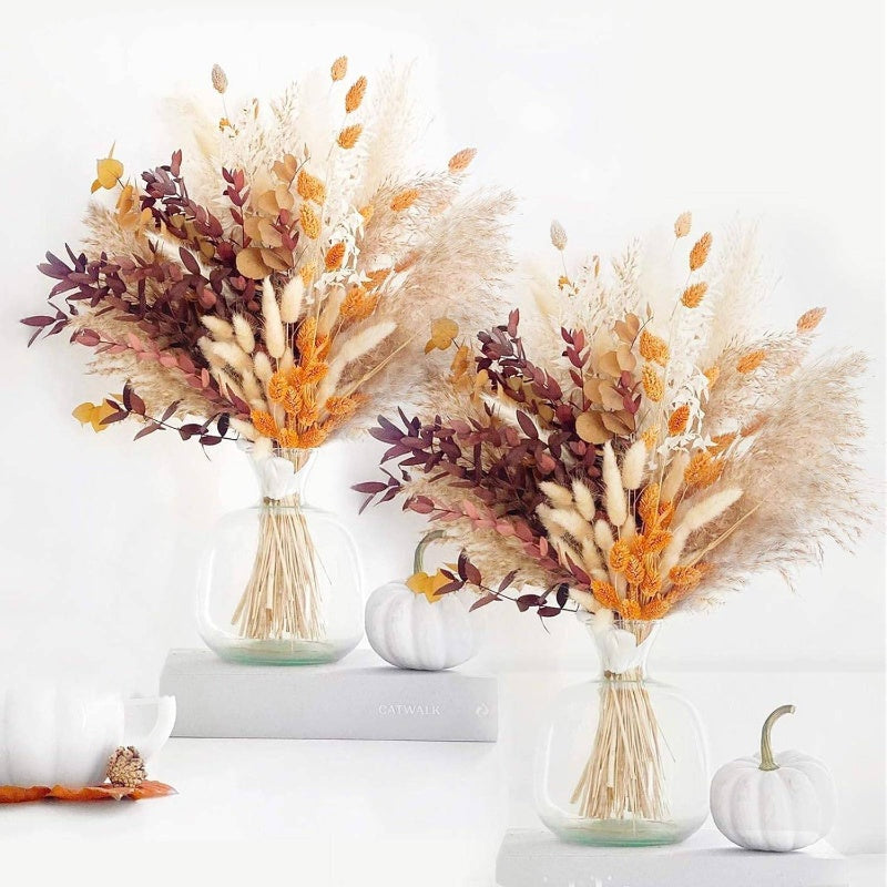 Autumn Home Decorations - Bohemian Style Flowers with Orange Pampas Grass, Fluffy Dried Flower Arrangement, Dry Pampas 1795 - 2 Pack of Pompous Flowers