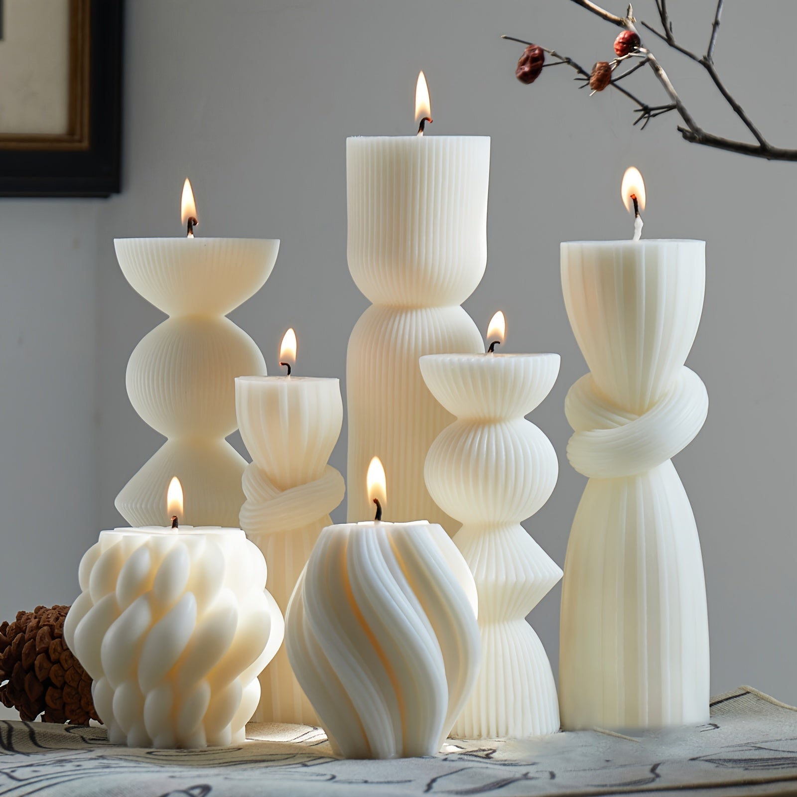 7-Pack Large Ribbed Pillar Candles - Soy Wax Handmade Home Decor Candles For Housewarming Gift, Shelf Decor, Wedding, Dining Table Centerpiece
