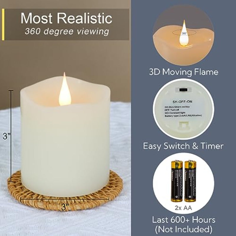 Set of 2 Battery-Operated Flameless Candles with a Remote Timer, Featuring a 3D Moving Flame That Flickers And Lasts Over 600 Hours. Each Candle Measures 3\
