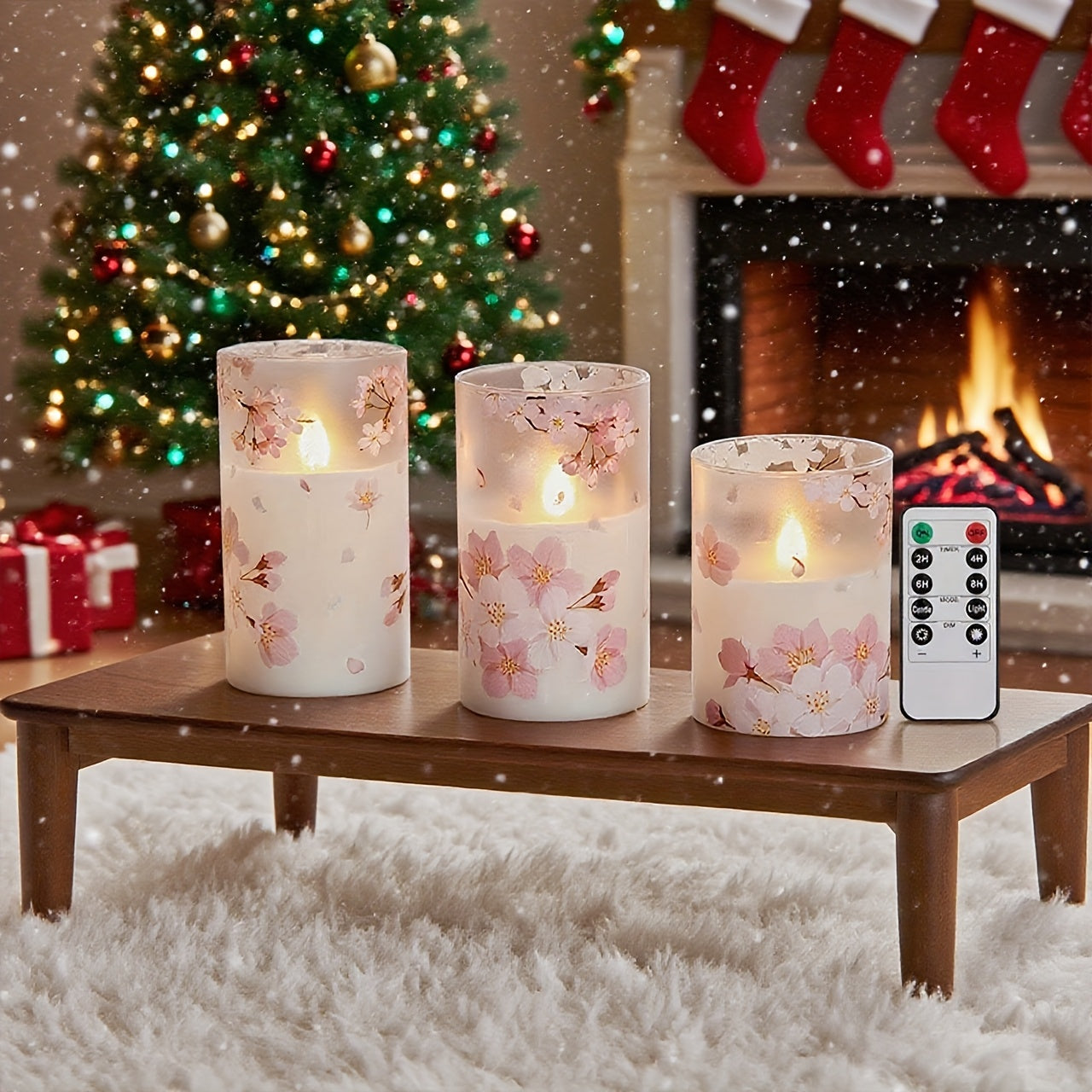 3 Packs of Cherry Blossom LED Flameless Column Candles with Remote Control, Battery Powered, Timer, 3×4\u002F5\u002F6 Inch House Room Decoration