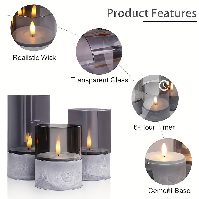 3pcs Set of LED Flameless Candles with Gray Cement Base, Suitable for Birthday Gifts, Holiday Presents, Party Decorations, etc
