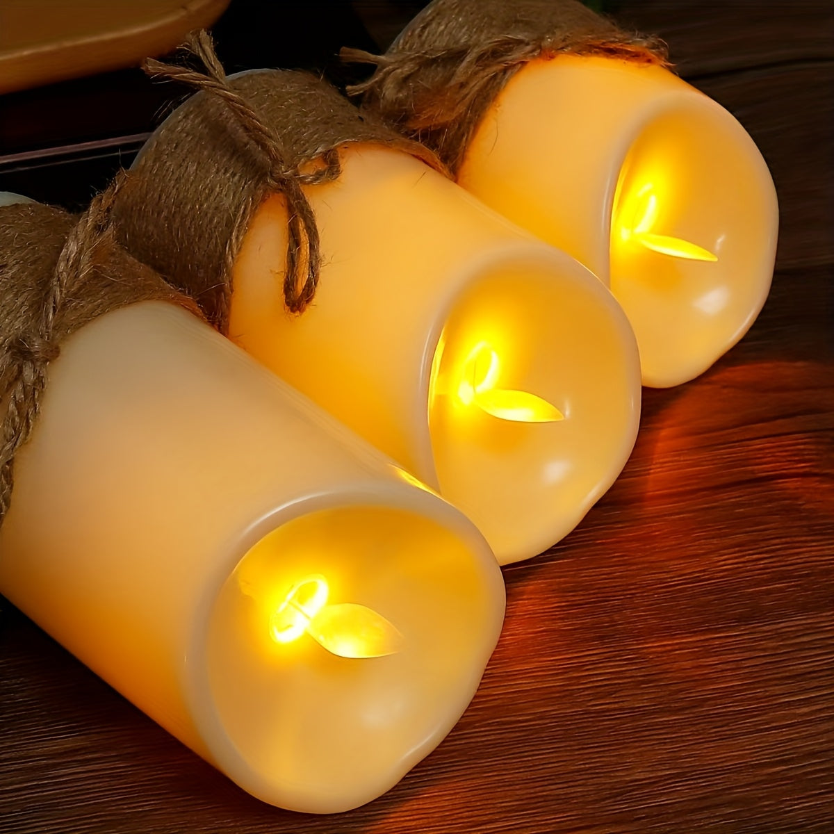 Flickering LED Pillar Candles, Battery Operated, Hand Tied Jute Rope, Set Of 3, No Flame, with Remote And Timer, for Ocean Theme Decor, Exhibition Hall Decoration, Home Bedroom Decor