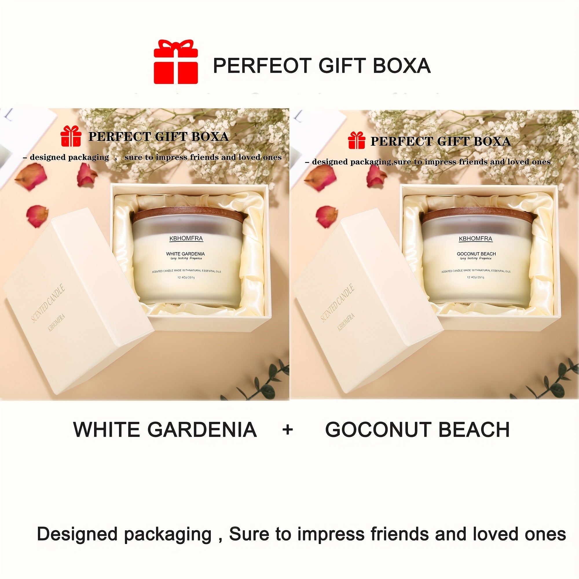 KBHOMFRA 2Pack Scented Candle for Home, Coconut Jasmine Lavender Essential Oils Fragrant, Soy Wax 12.4Oz Large Capacity, 3-Wick 70 Hours Burn, for Festival Luxury Gift, Sleep Relaxation Ambience