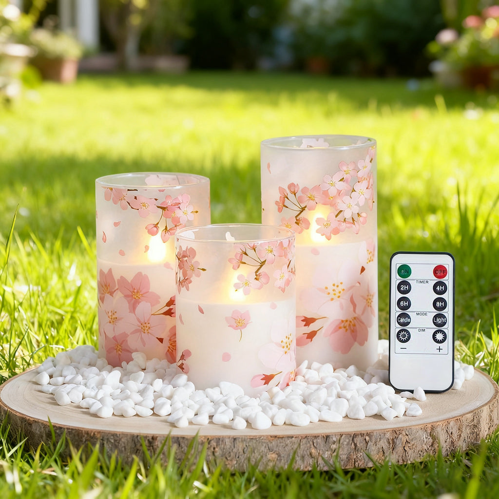 3 Packs of Cherry Blossom LED Flameless Column Candles with Remote Control, Battery Powered, Timer, 3×4\u002F5\u002F6 Inch House Room Decoration