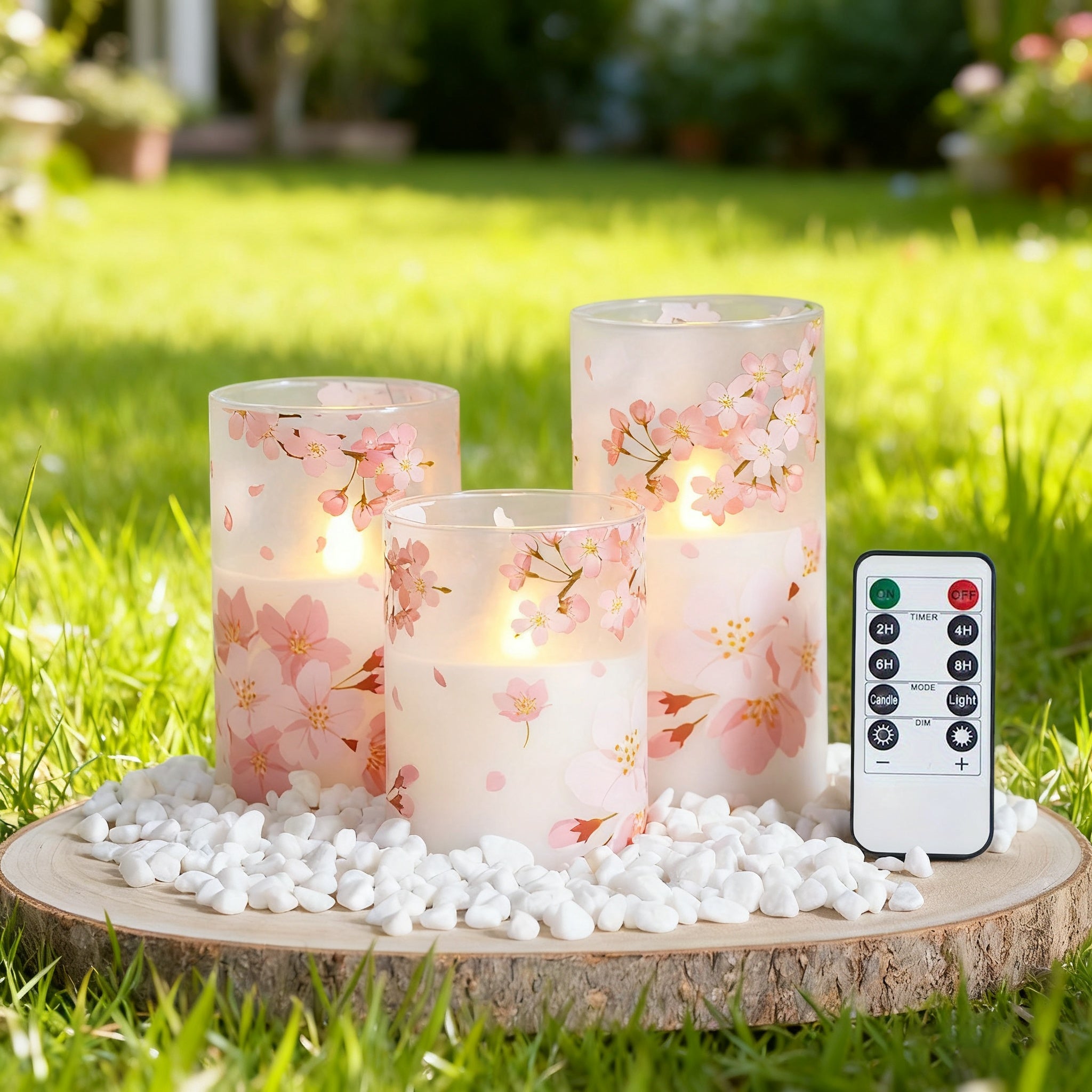 3 Packs of Cherry Blossom LED Flameless Column Candles with Remote Control, Battery Powered, Timer, 3×4\u002F5\u002F6 Inch House Room Decoration
