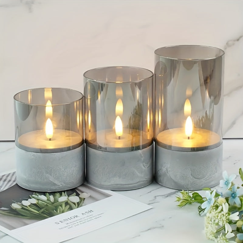 3pcs Set of LED Flameless Candles with Gray Cement Base, Suitable for Birthday Gifts, Holiday Presents, Party Decorations, etc